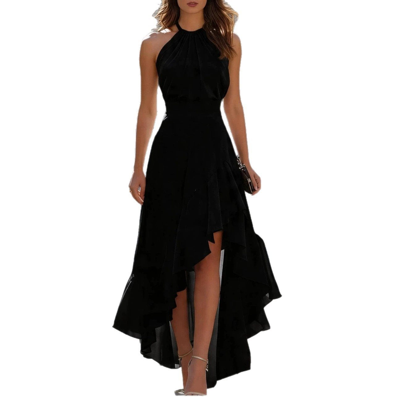 Women's Summer Sleeveless Halter Irregular Ruffled Apricot Dress