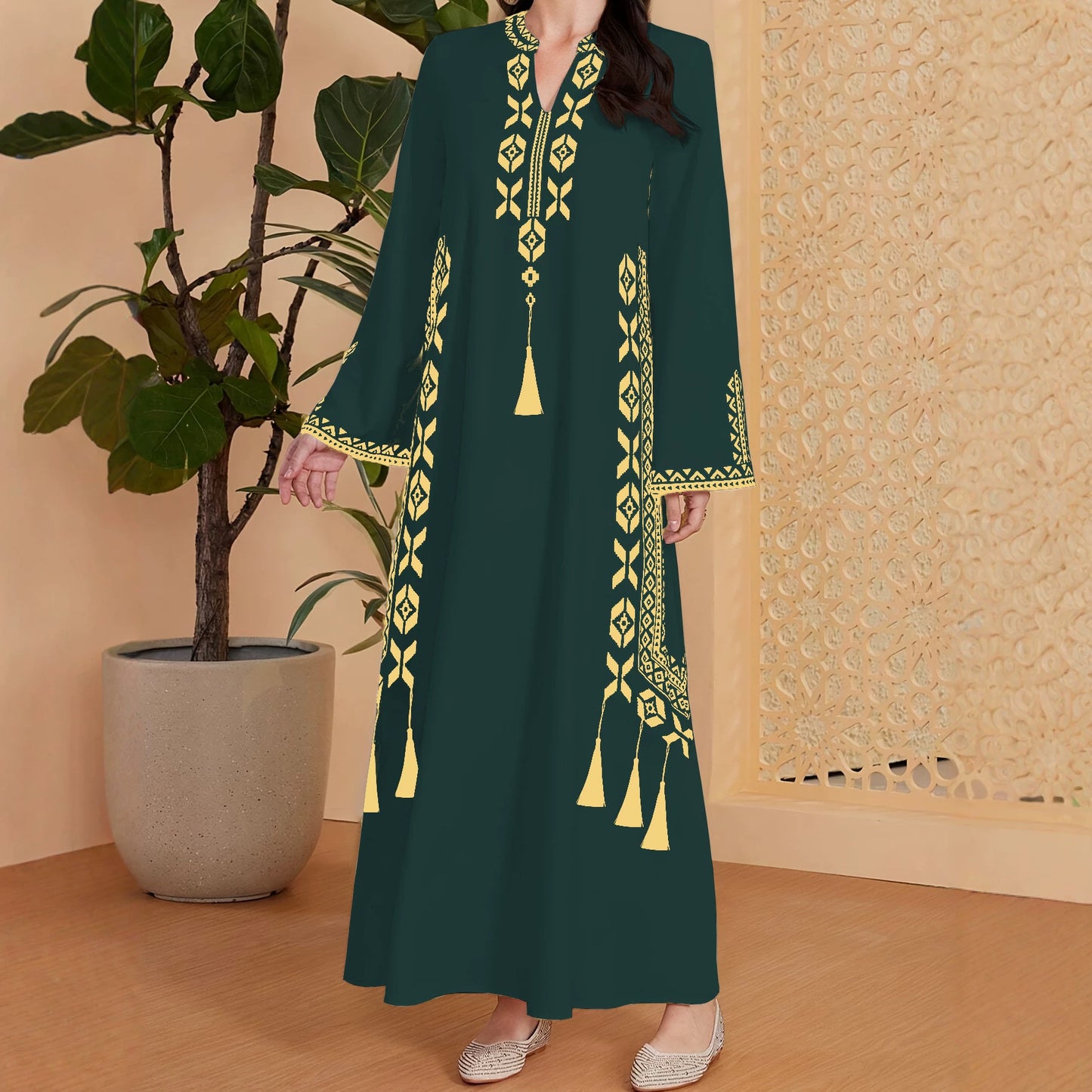 Women's Ethnic Embroidered Robe Loose-fitting Long Sleeves A- Line Dress