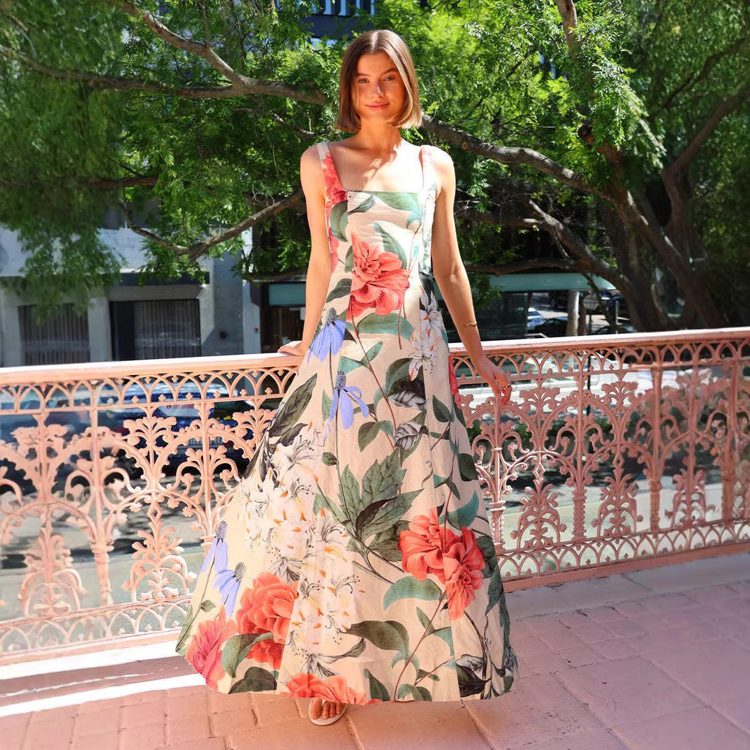 Women's Summer French Retro Slimming Printed Strap Dress