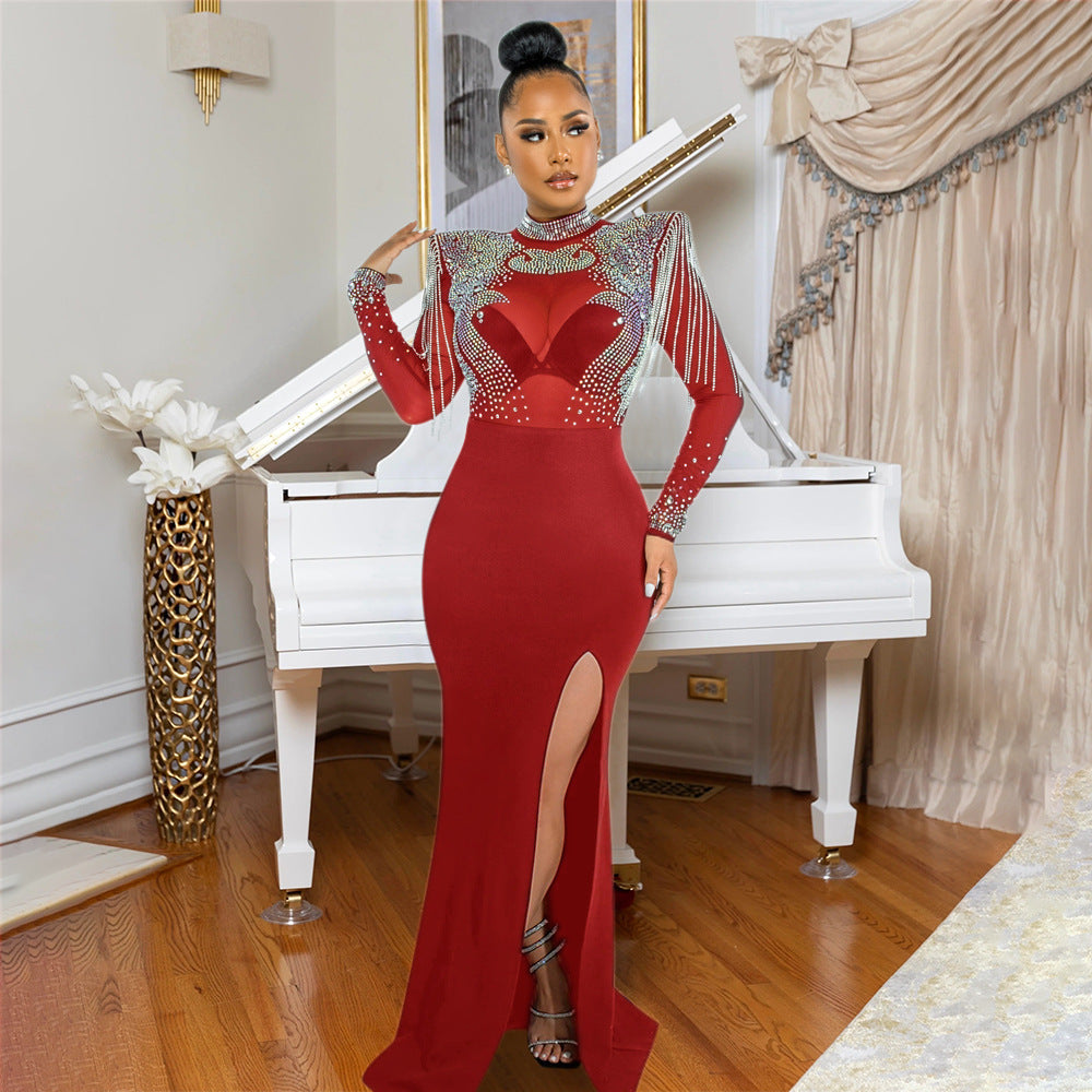 Women's Sexy Mesh Rhinestone Slim Fit Slit Dresses