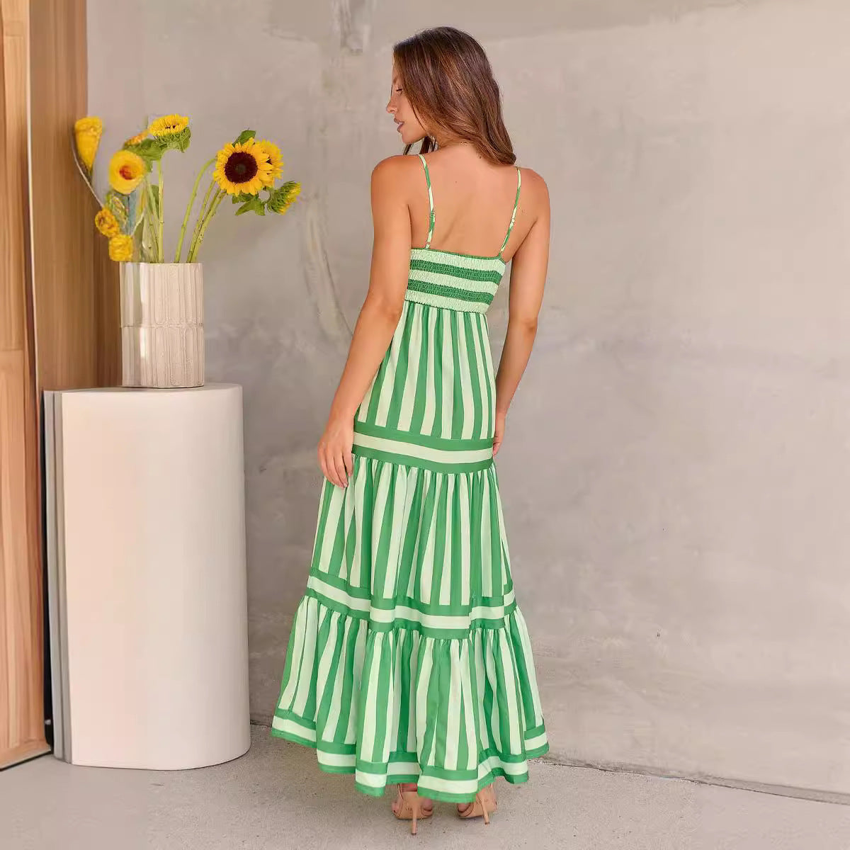 Women's Striped Positioning Printed Sling Backless Pocket Dresses