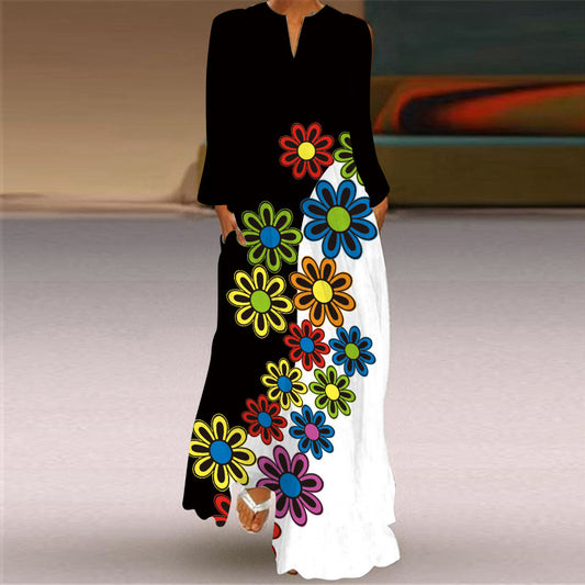 Women's Long Dress Sleeve Pocket Printed Loose Dresses