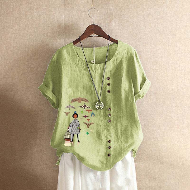 Women's Retro Cotton Linen Printed Casual Shirt Blouses