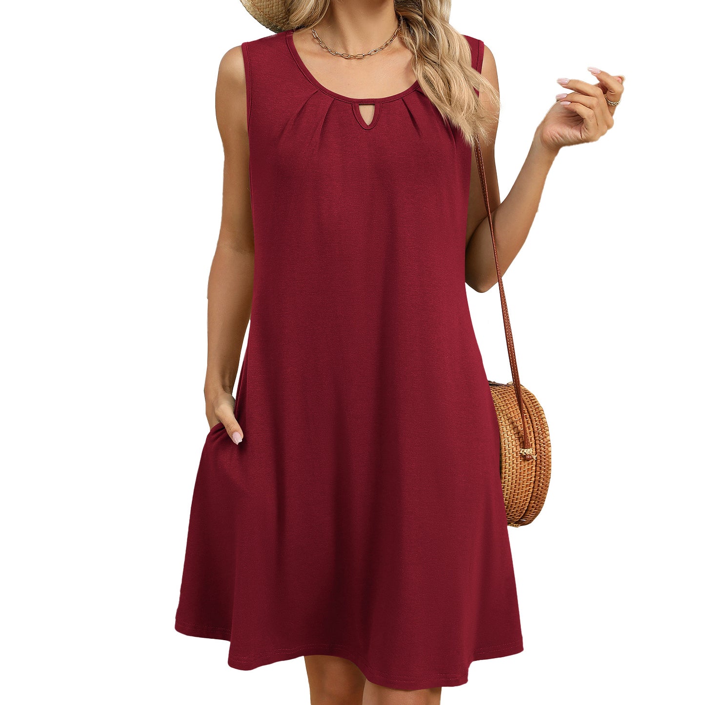 Solid Color Round Neck Hollow Pleated Sleeveless Dress