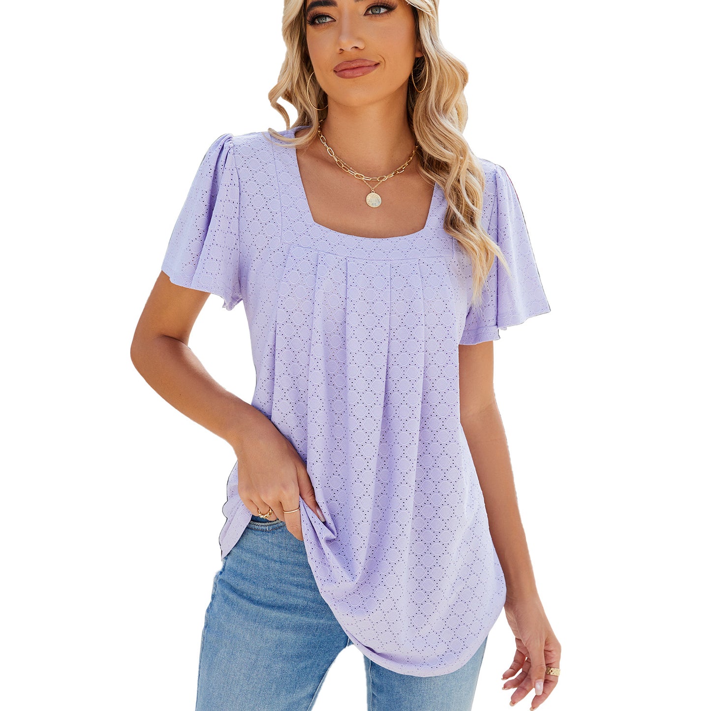 Women's Solid Color Square Collar Pleated Sleeves Blouses