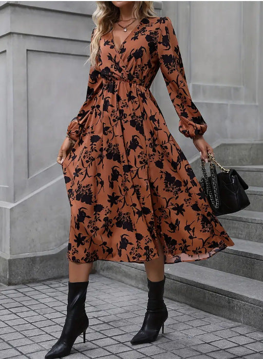 Elegant Floral Printed Slit Fashionable Long Dress
