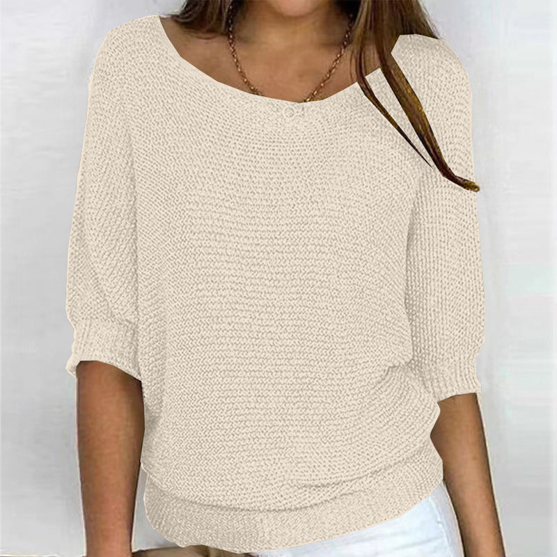 Women's Color Round Neck Commuter Elegant Cropped Sleeves For Air Conditioned Women's Sweater