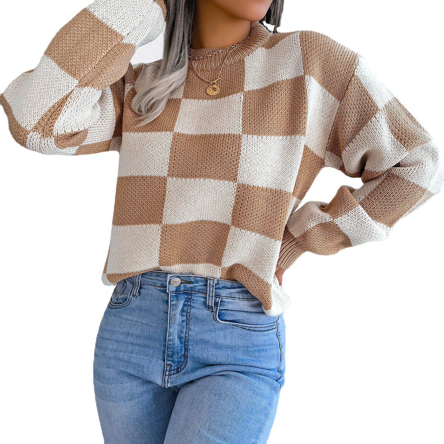 Women's Street Style Check Long Sleeve Pullover Sweater