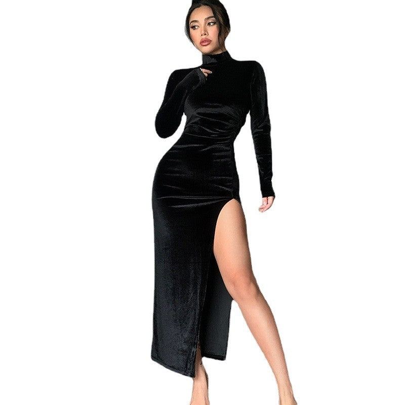 New Women's Turtleneck Long Pleated Split Dress