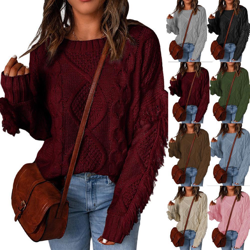 Women's Rhombus Tassel Solid Color Pullover Round Neck Sweater