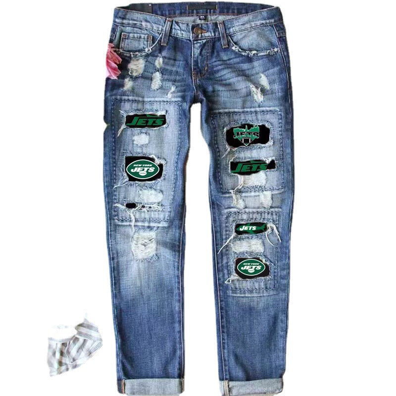 Women's Street Skull Print Ripped Straight Denim Jeans