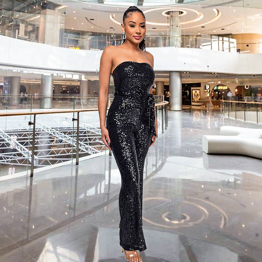 Women's Tube Backless Ribbon Hot Sleeveless Sequined Jumpsuits