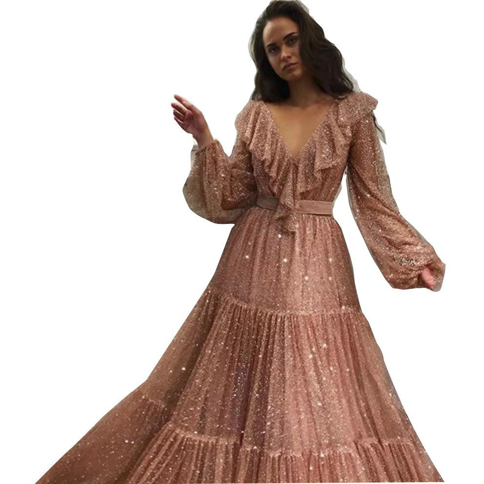 Women's Sexy Long-sleeved Golden Swing Long Dress