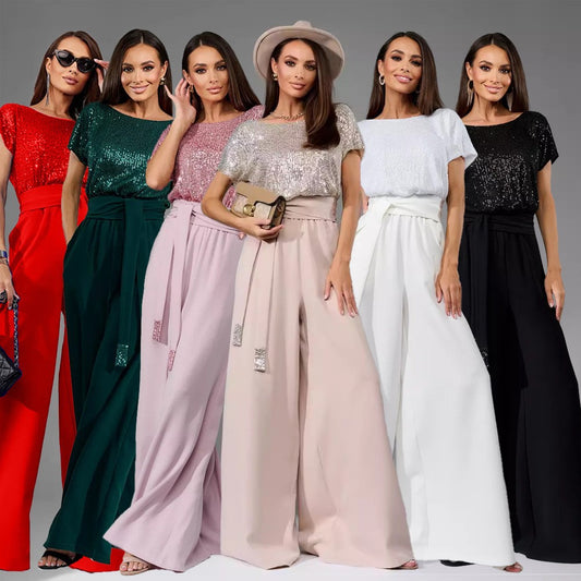 Spring One-piece Sequin Fashion Sleeve Casual Shorts