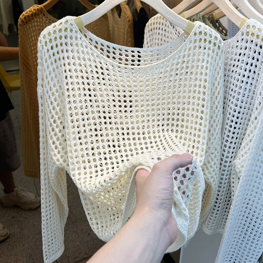 Women's Goods Long Sleeve Hollow Knitted Mesh Shirt Smock Outer Tops