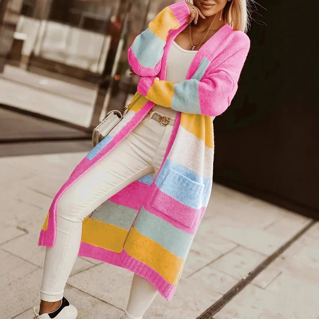 Women's Color Rainbow Stripe Casual Loose Long Sweaters