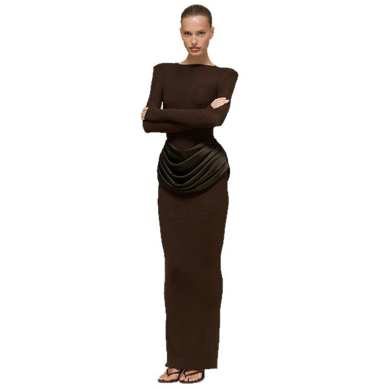 Women's Temperament Pure Color Long-sleeved Pleated Sheath Dress