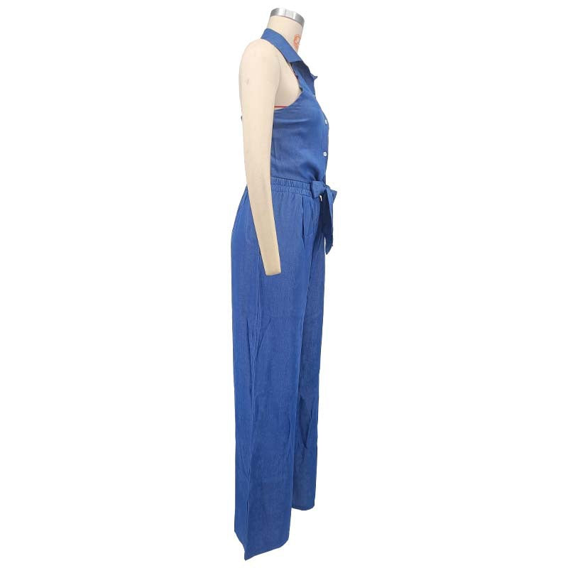 Women's Denim Halter Lapel Backless Loose Wide Suits