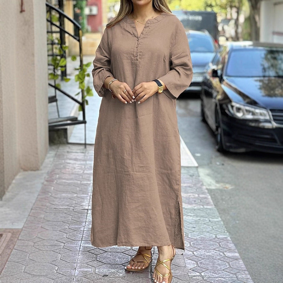 Cotton Linen Solid Color Long Sleeve Dress