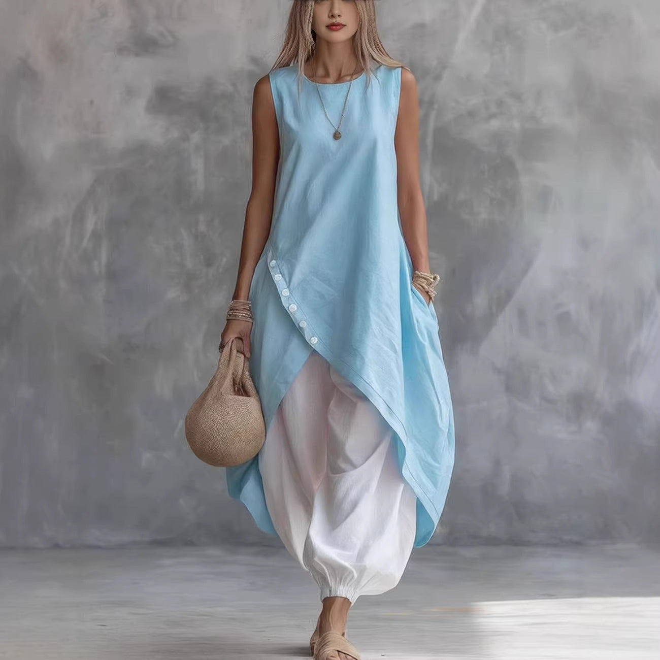 Solid Color Sleeveless Loose Pocket Midi Fashion Casual Suit