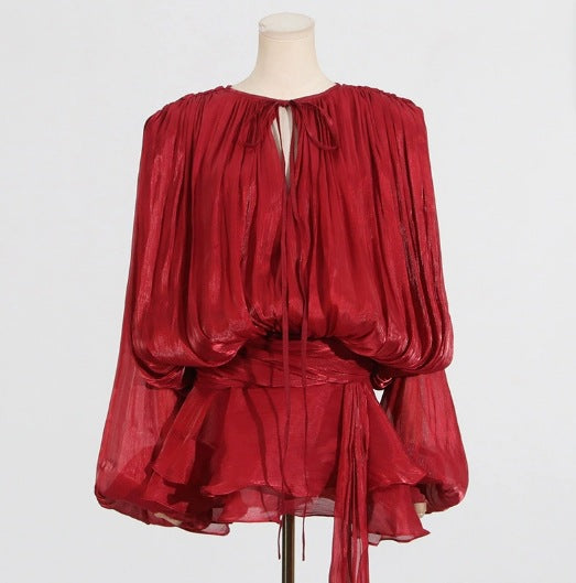 Women's Spring Idle Style Mesh Puff Sleeve Pleated Ruffled Dresses