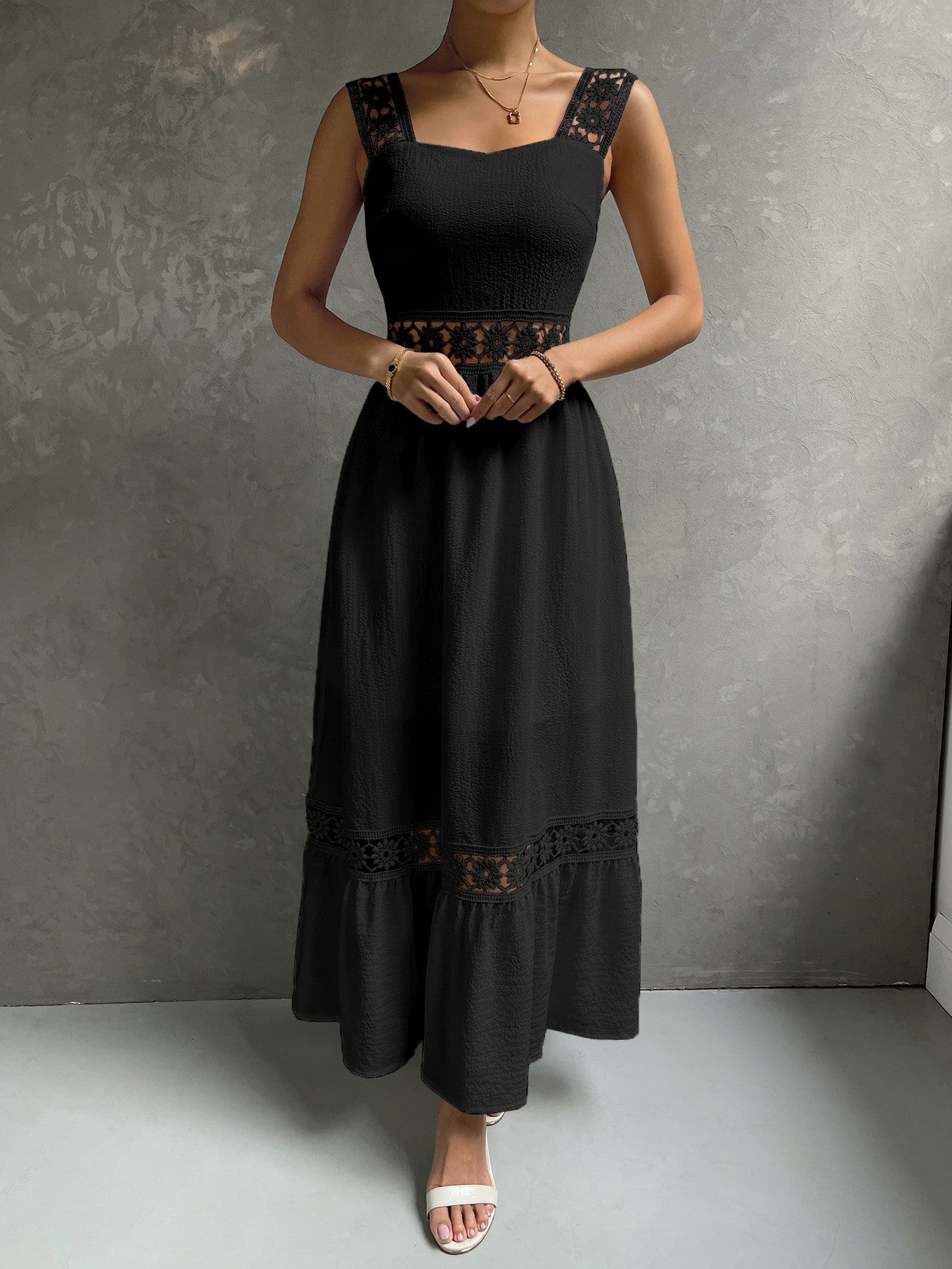 Lace Elegant Sling Slim Fit Patchwork Solid Color Dress