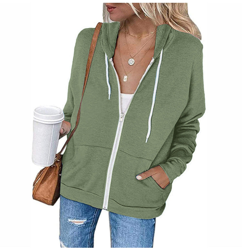 Women's Long-sleeved Hooded Drawstring Pocket Zipper Outerwear Sweaters
