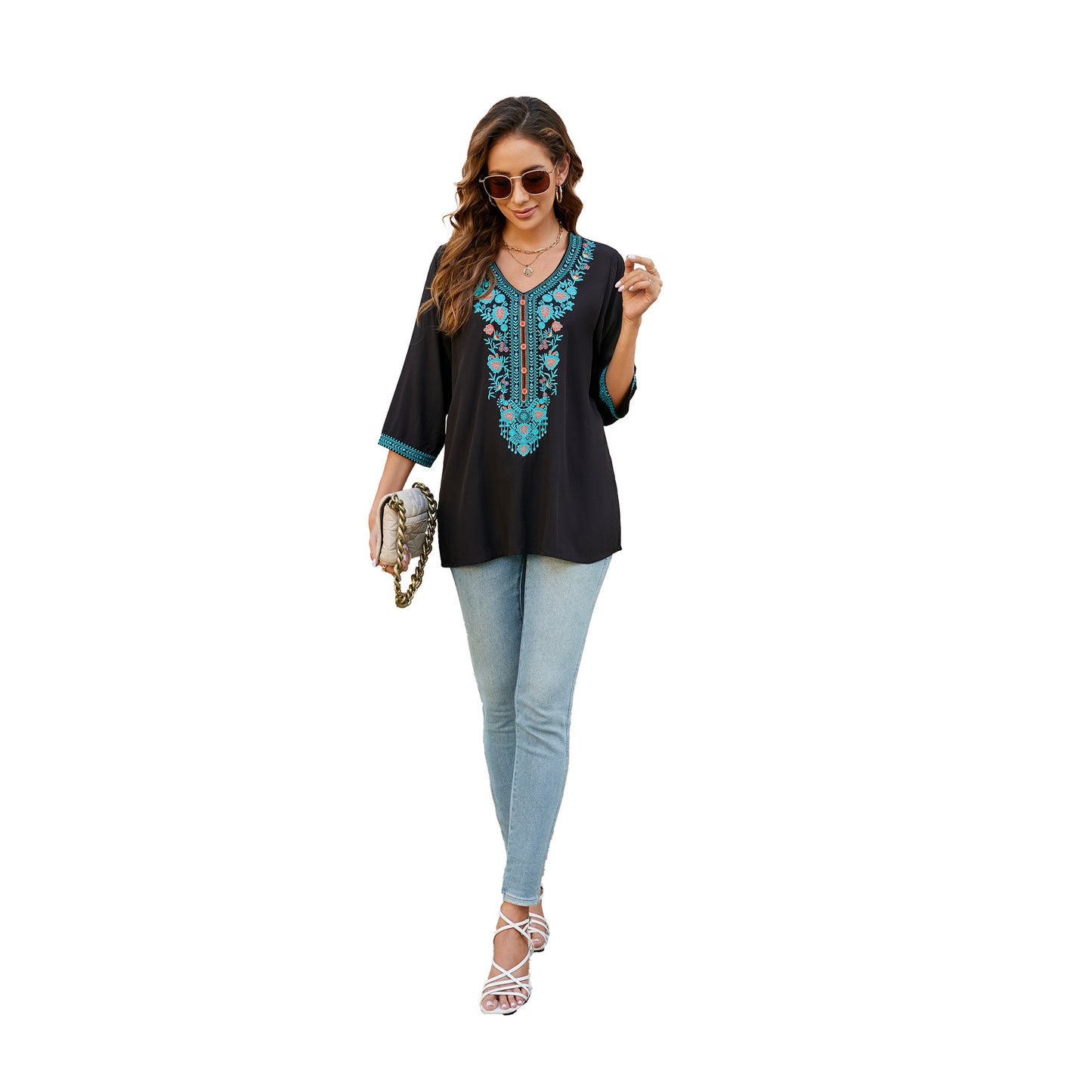 Women's Summer Artistic Loose Thin Embroidery Half Blouses
