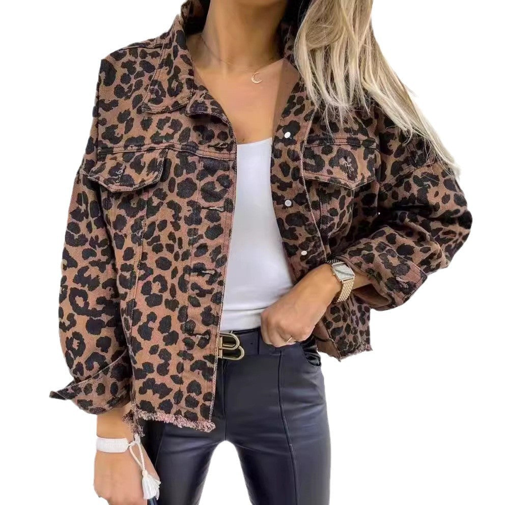 Women's Denim Leopard Print Long Sleeve Loose Jackets