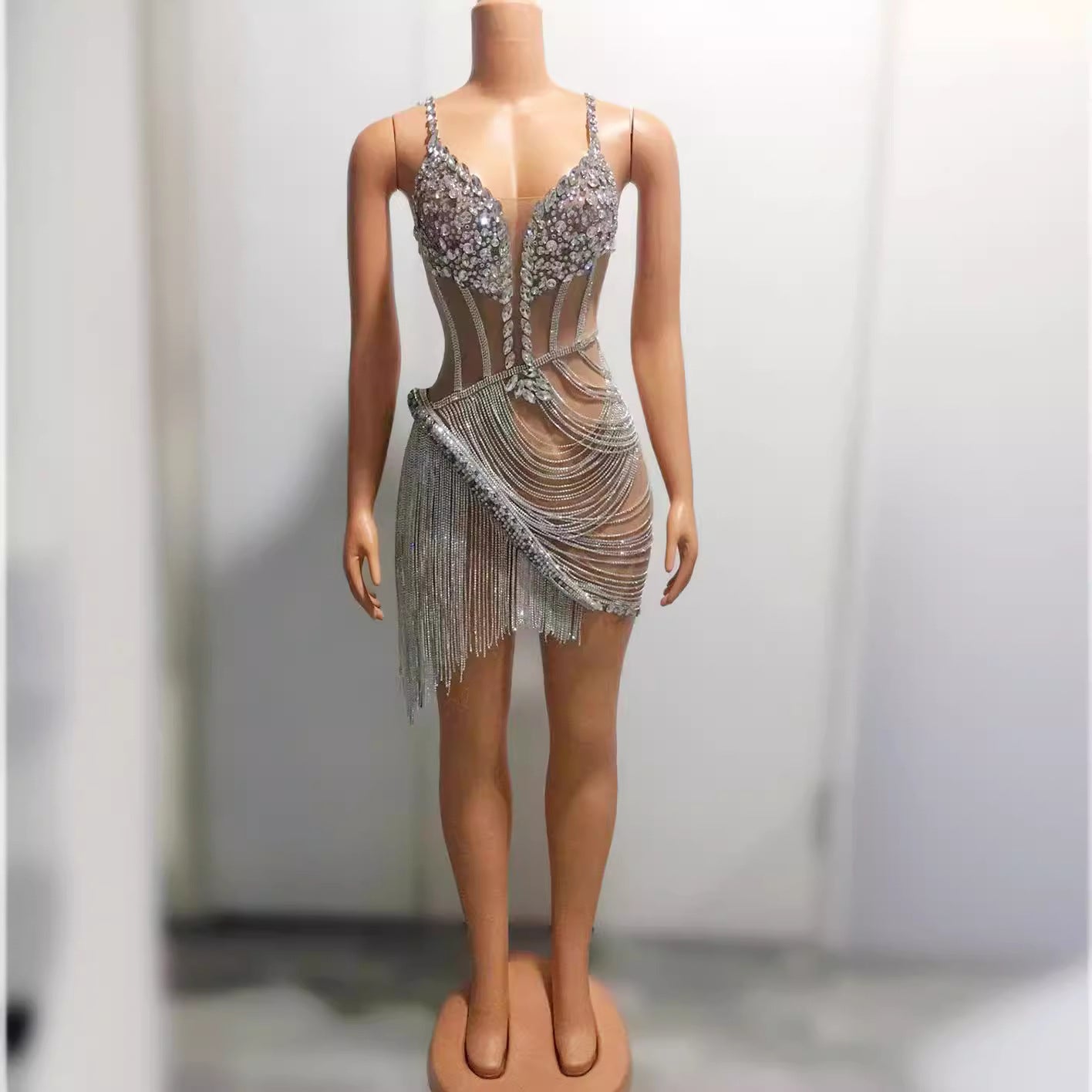 Women's Elegant Shiny Diamond Backless Sexy Apricot Dresses