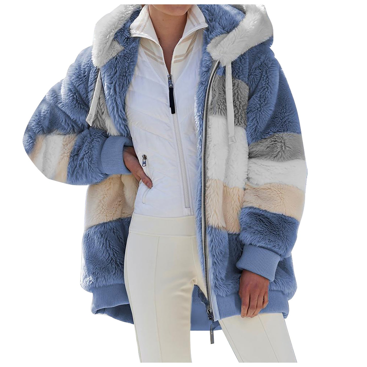 Women's Warm Plush Patchwork Zipper Pocket Hooded Coats