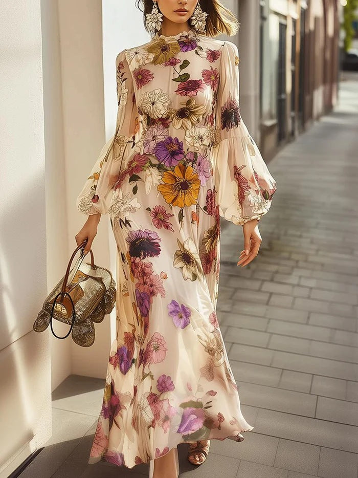 Women's Ruffled Waist Trimming Printing Dress Temperament Dresses