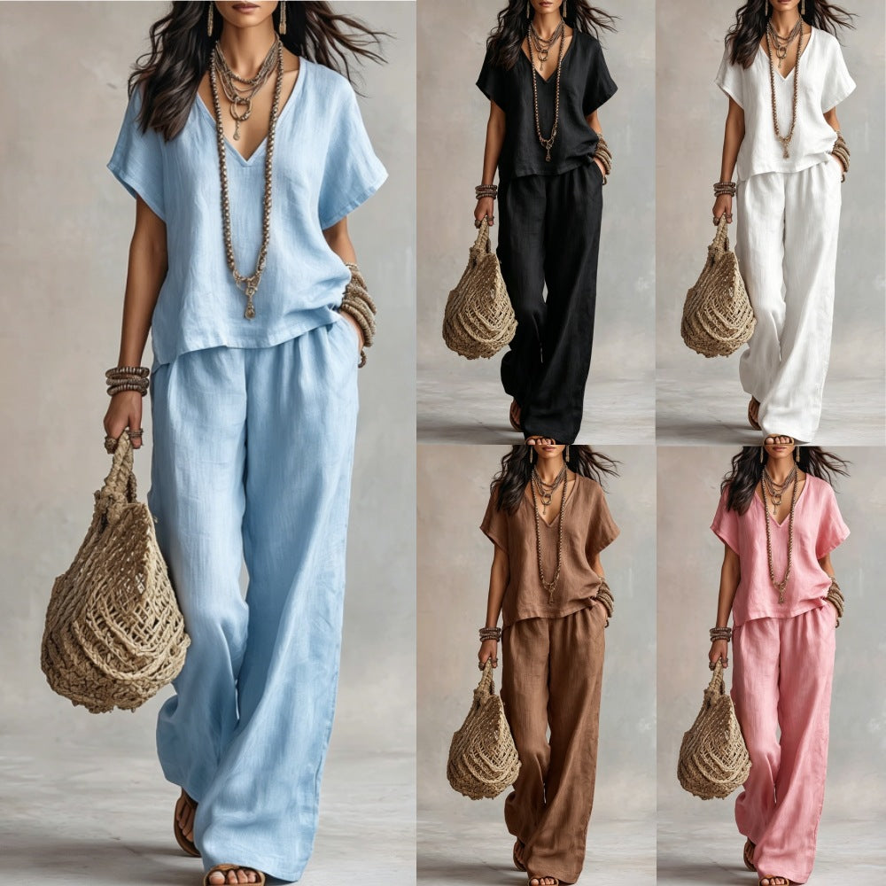Women's Solid Color Loose Short-sleeved Trousers Two-piece Suits