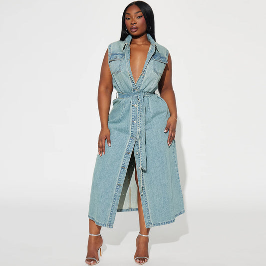 Women's Lapel Sleeveless Denim Long Lace Up Dresses