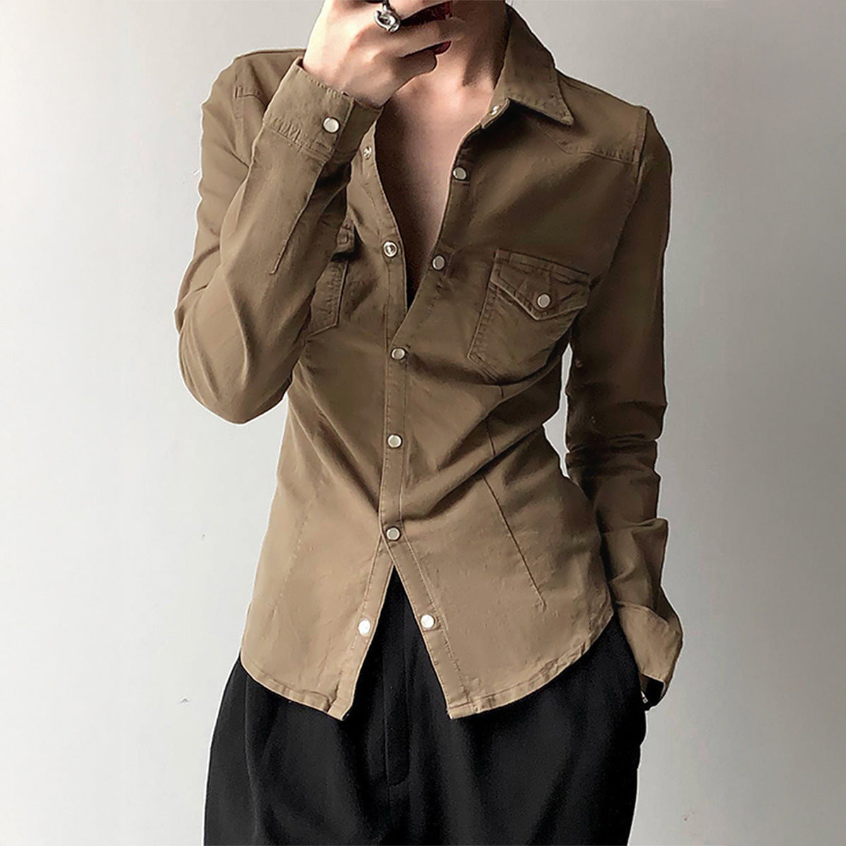 Women's Fashionable Simple Solid Color Long-sleeved Shirt Blouses