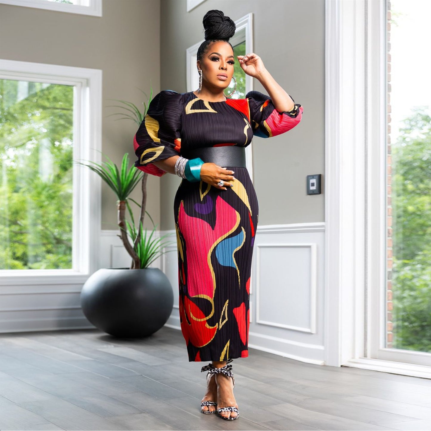 Women's Fashion Wear Lantern Sleeve Pleated Dress Dresses