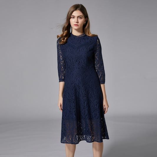Women's Blue Lace Dress Loose Large Swing Casual Slimming A- Skirts