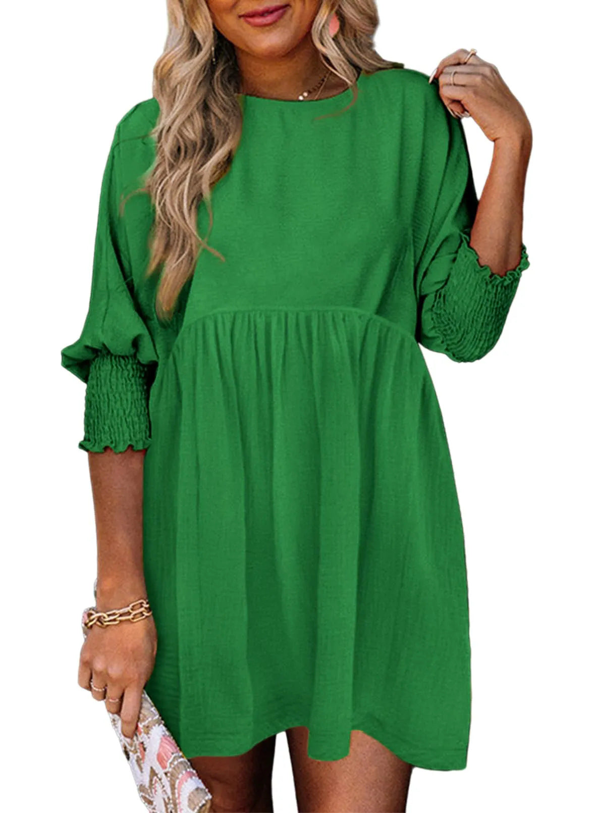 Women's Round Neck Girdle Cuff Pleating Casual Dresses