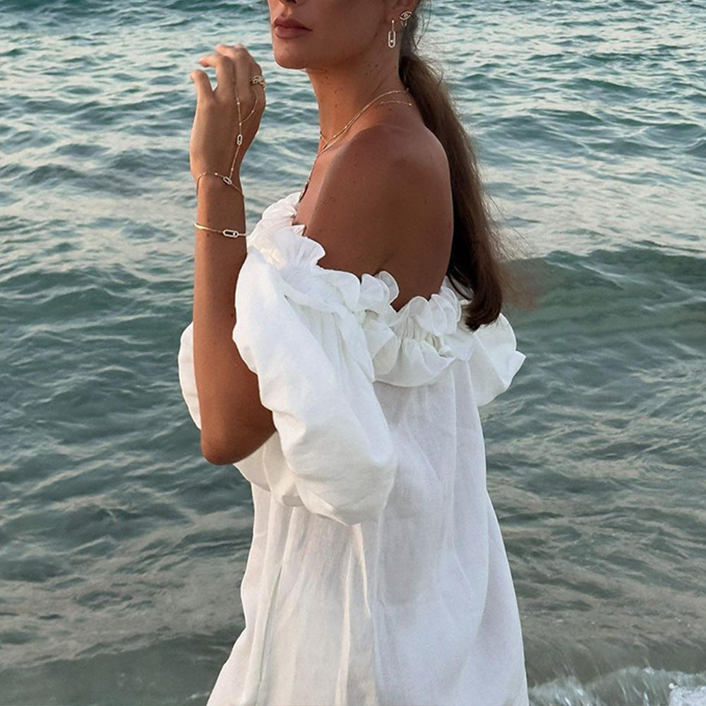 Women's Puff Sleeve Solid Color Lace Vacation Dresses