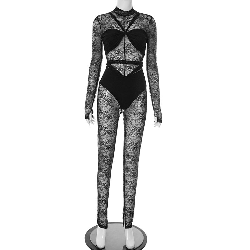 Women's See-through Lace Round Neck Back Zipper Jumpsuits