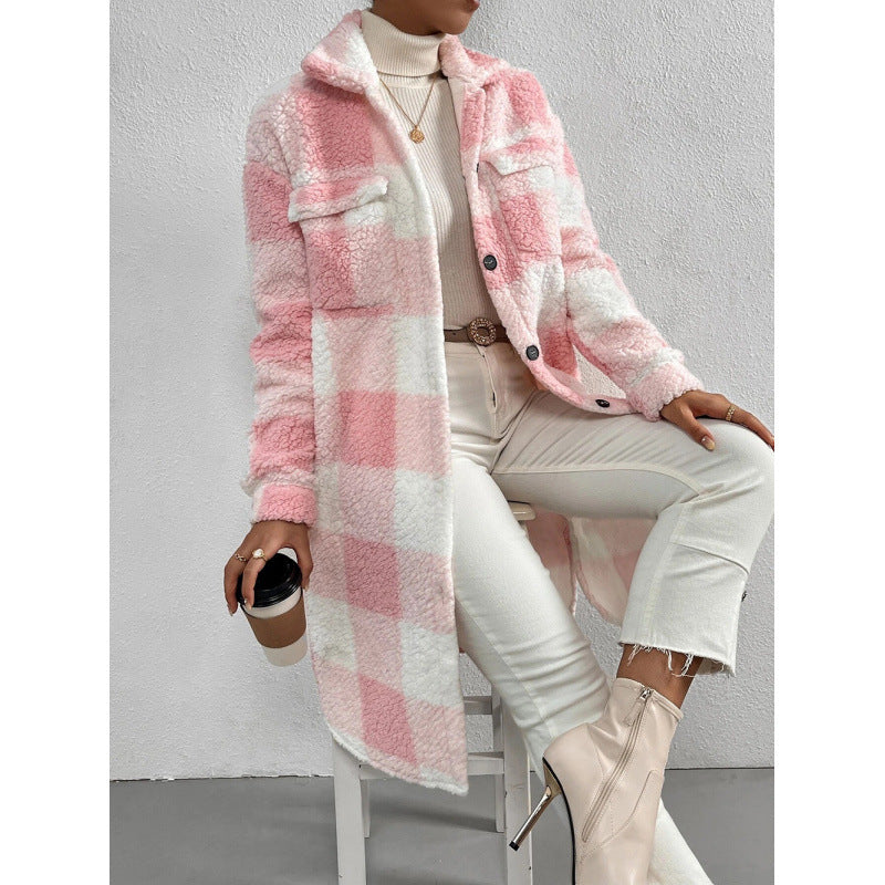 Women's Button Lapel Plush Plaid Loose Temperament Coats
