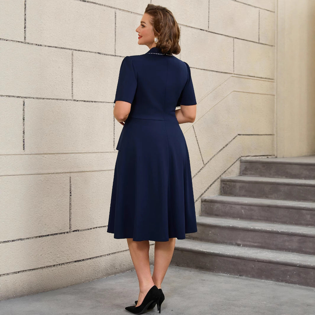 Women's Large Retro Mom Dress Lapel Ruffled Dresses